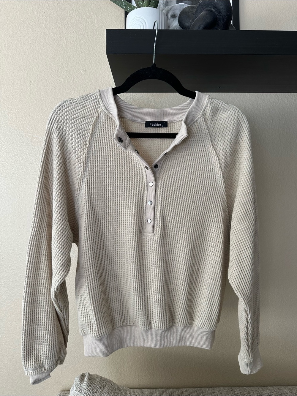 Beige Waffle Knit Henley Sweater